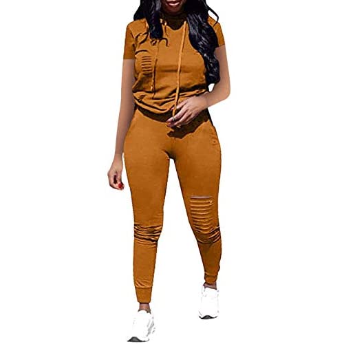 Women Casual Ripped Hole Pullover Hoodie Sweatpants 2 Piece Sport Jumpsuits Outfits Set 