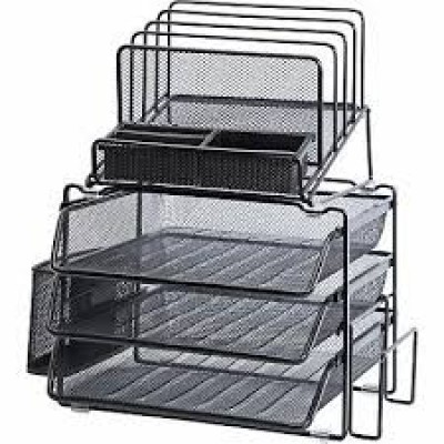 Mesh Desk Organizer with Sliding Drawer, Double Tray and 5 Upright Sections, Black