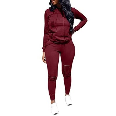 Women Casual 2 Piece Sport Outfits Short Sleeve Ripped Hole Pullover Hoodie Sweatpants Set Jumpsuits